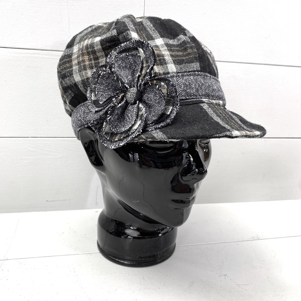 Y2K Trixie Plaid Newsboy Hat Womens Flower Accent Black Tan Wool Blend Mall Brat